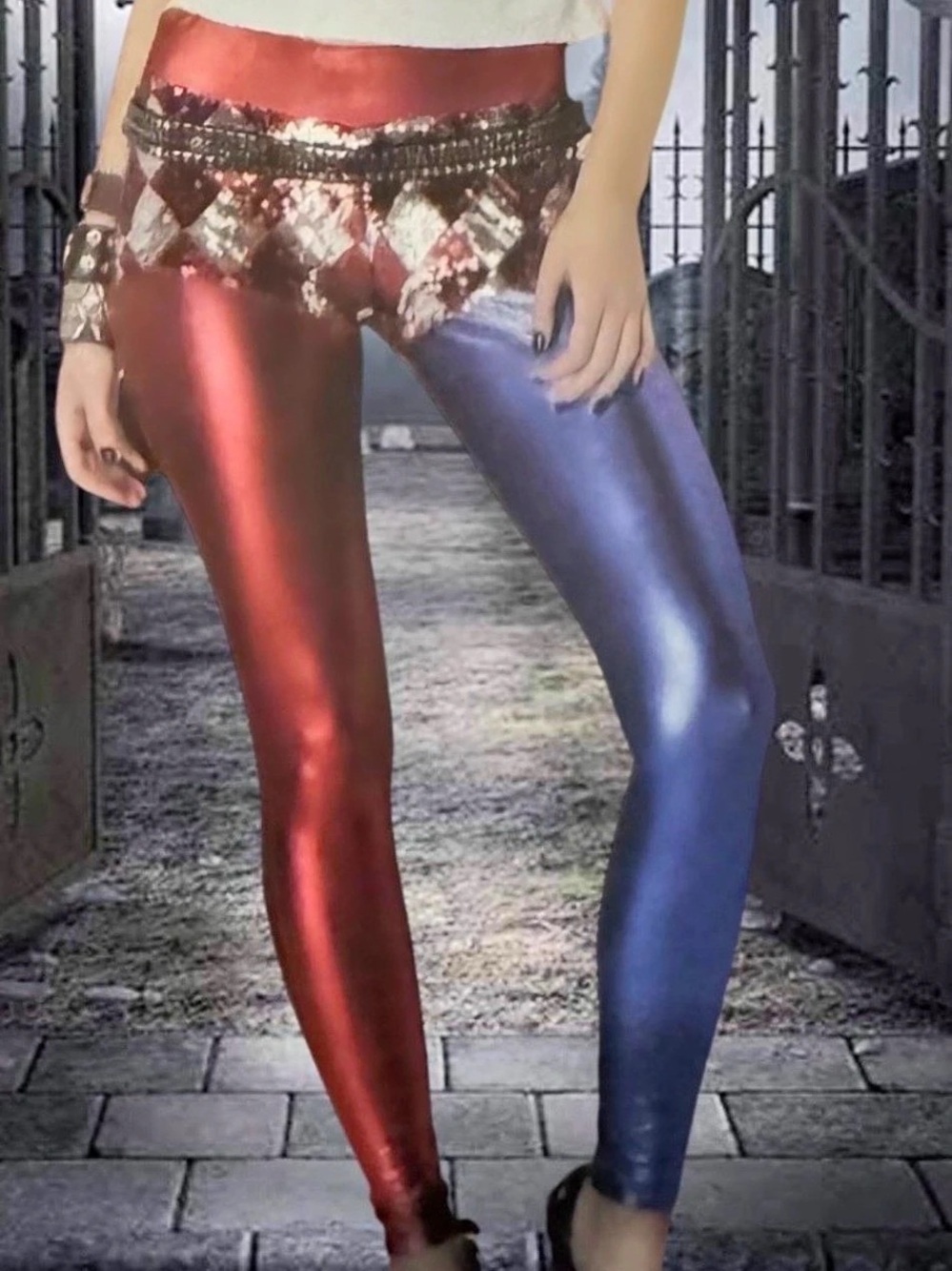 2 for $30 | Mad Harlequin / Harley Quinn Red & Blue Metallic Leggings